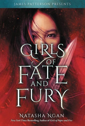 Cover of "Girls of Fate and Fury" by Natasha Ngan. White decorative text over an image of a girl who looks at the viewer with long hair covering half her face. She is holding a dagger and the cover is hued in mostly red. From November's Most Anticipated LGBTQIA+ Literature.