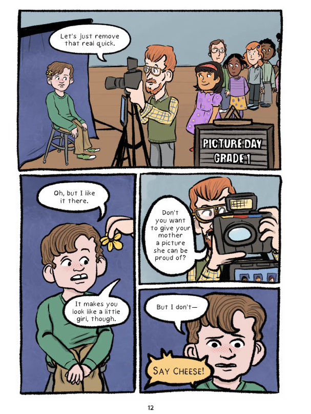 A comic page with 4 panels. The first panel shows a bunch of students lined up to take photos for "Picture Day Grade 1." Damian sits on a stool with a flower in his hair. The photographer in front of him says "Let's just remove that real quick." The second panel shows the photographer's hand plucking away the flower as Damian says, "Oh, but I like it there." The photographer responds, "It makes you look like a little girl, though." In the third panel, the photographer holds up a large camera and says, "Don't you want to give your mother a picture she can be proud of?" In the fourth panel, Damian has a troubled expression and he starts to say, "But I don't—" before he is interrupted by a large yellow speech bubble which says "Say Cheese!" in all capital letters.