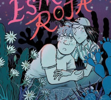 Cover image for Ashley Robin Franklin's YA graphic novel "The Hills of Estrella Roja;" the cover is a cartoon image of the novel's two main characters—Kat Fields and Marisol “Mari” Castillo, cowering among flowers, high grass, and weeds in the lower right-hand corner, with an human skull overgrown with vines in the left-hand corner. The book's title, "The Hills of Estrella Roja," hovers in pink hand-written print above Kat and Mari in the top left-hand corner.