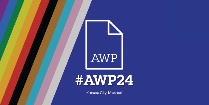 Graphic banner for AWP 2024 with AWP logo centred on a navy blue background with the Progress Pride Flag angled inward from the left side.